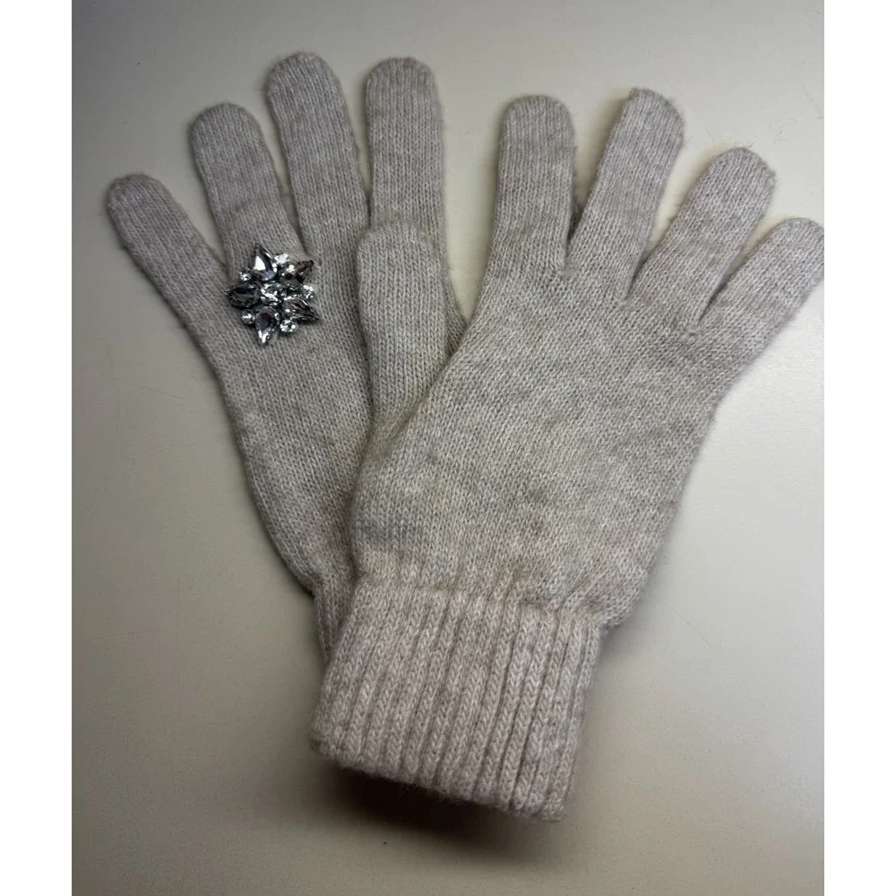 Stilestro Italy Cashmere Blend Knit Gloves Beige Crystal Rhinestone Accent